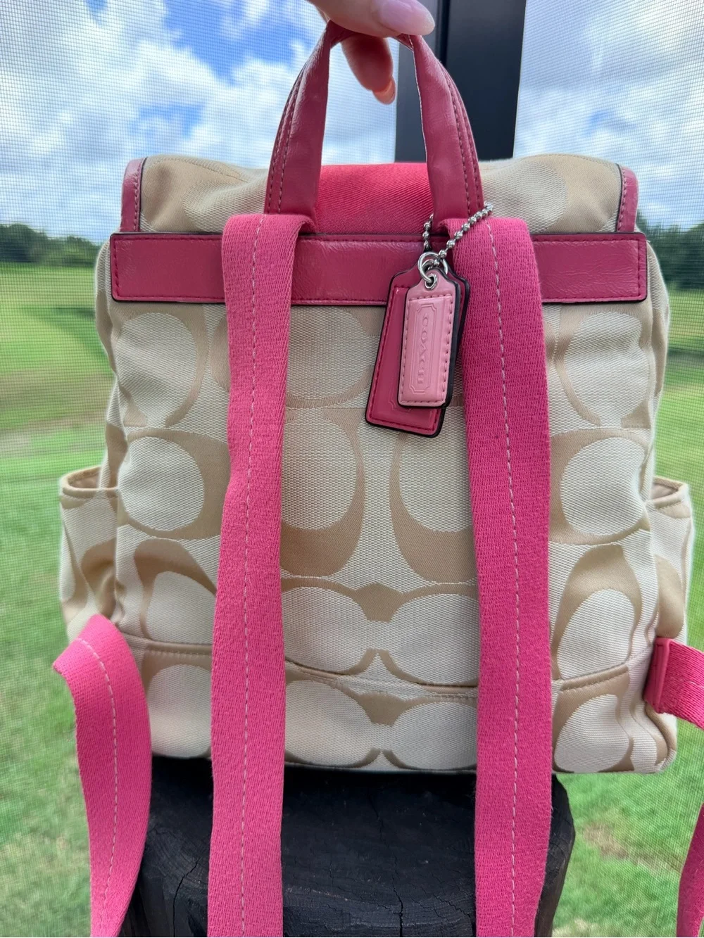 Coach F21928 Signature Stripe Backpack Khaki Pink Coral Y2K Jacquard